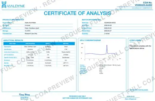 Vialdyne Acetic Acid (Glacial / Concentrated Solvent) batch VD260428-AA002 Certificate of Analysis preview