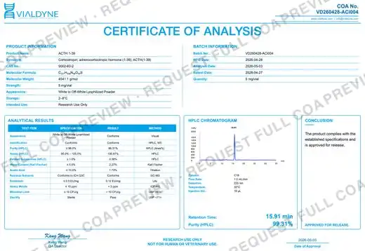 Vialdyne ACTH 1-39 batch VD260428-ACI004 Certificate of Analysis preview