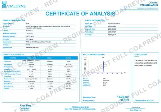 Vialdyne Aicar batch VD260428-AR014 Certificate of Analysis preview