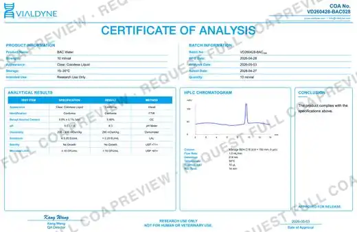 Vialdyne BAC Water (Bacteriostatic Water for Injection) batch VD260428-BAC028 Certificate of Analysis preview