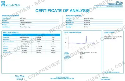 Vialdyne BAC Water (Bacteriostatic Water for Injection) batch VD260428-BAC027 Certificate of Analysis preview
