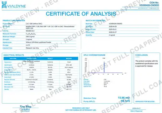 Vialdyne CJC-1295 (no DAC) batch VD260428-CND053 Certificate of Analysis preview