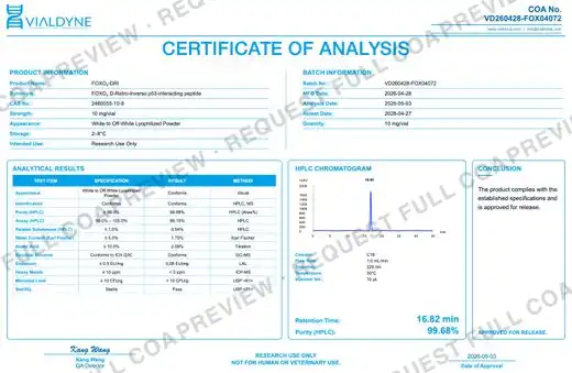 Vialdyne FOXO4-DRI batch VD260428-FOXO4072 Certificate of Analysis preview