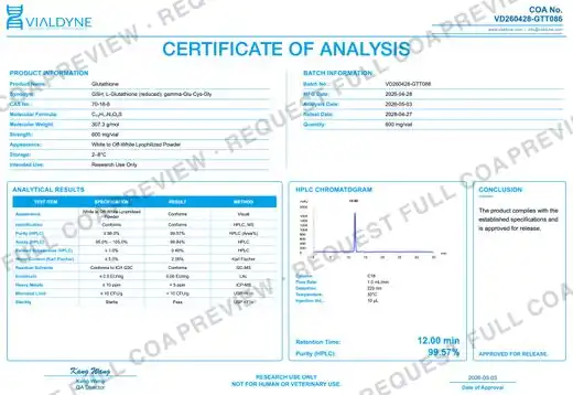Vialdyne Glutathione (GSH) batch VD260428-GTT086 Certificate of Analysis preview
