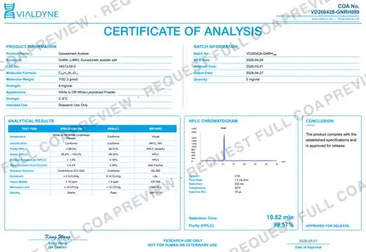 Vialdyne Gonadorelin Acetate batch VD260428-GNRH089 Certificate of Analysis preview