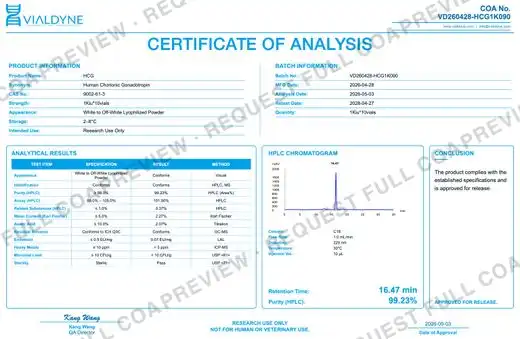 Vialdyne HCG (Human Chorionic Gonadotropin) batch VD260428-HCG1K090 Certificate of Analysis preview