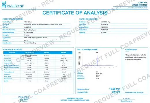 Vialdyne HGH (Somatropin, 191aa) batch VD260428-H103 Certificate of Analysis preview