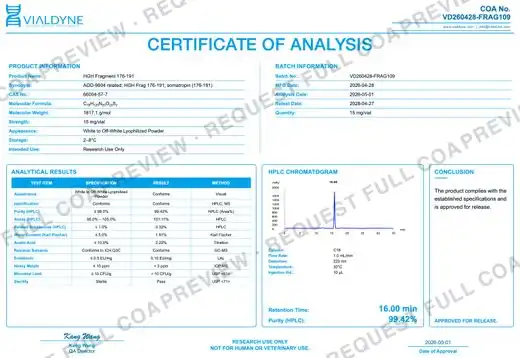 Vialdyne HGH Fragment 176-191 batch VD260428-FRAG109 Certificate of Analysis preview