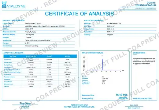 Vialdyne HGH Fragment 176-191 batch VD260428-FRAG104 Certificate of Analysis preview