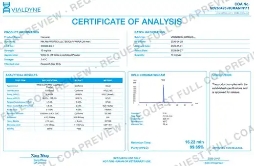 Vialdyne Humanin batch VD260428-HUMANIN111 Certificate of Analysis preview