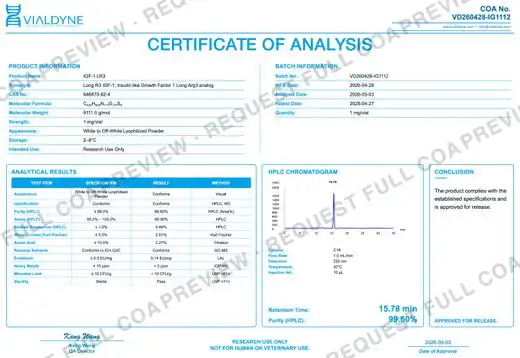 Vialdyne IGF-1 LR3 batch VD260428-IG1112 Certificate of Analysis preview