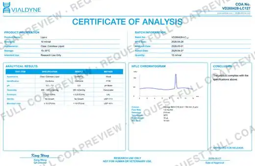 Vialdyne Lipo-c batch VD260428-LC127 Certificate of Analysis preview