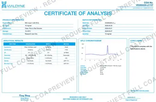 Vialdyne MIC (Lipo C with B12) batch VD260428-LC137 Certificate of Analysis preview
