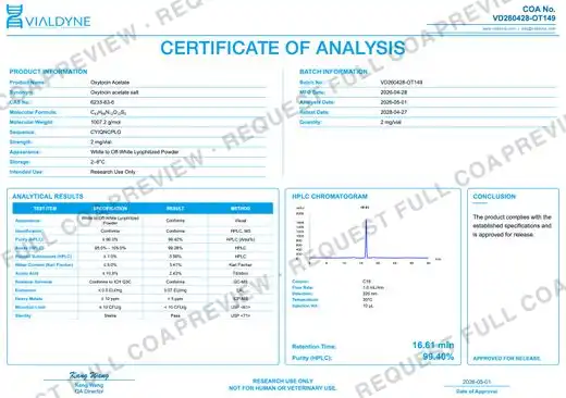 Vialdyne Oxytocin batch VD260428-OT149 Certificate of Analysis preview
