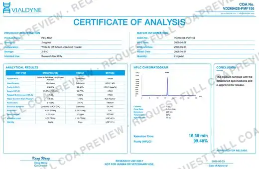 Vialdyne PEG MGF batch VD260428-PMF156 Certificate of Analysis preview