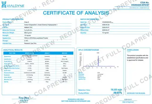 Vialdyne Snap-8 batch VD260428-NP8187 Certificate of Analysis preview