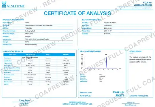 Vialdyne TB-500 batch VD260428-TB5194 Certificate of Analysis preview