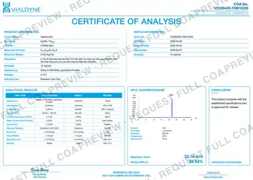 Vialdyne Tesamorelin batch VD260428-TSM10200 Certificate of Analysis preview