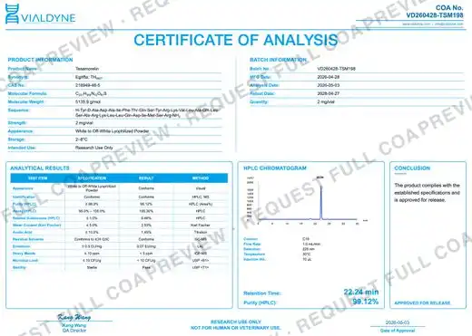 Vialdyne Tesamorelin batch VD260428-TSM198 Certificate of Analysis preview