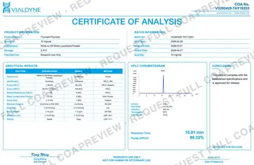 Vialdyne Thymalin/Thymulin batch VD260428-THY10203 Certificate of Analysis preview