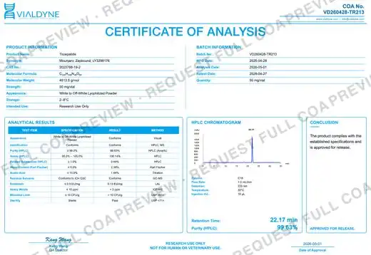 Vialdyne Tirzepatide batch VD260428-TR213 Certificate of Analysis preview