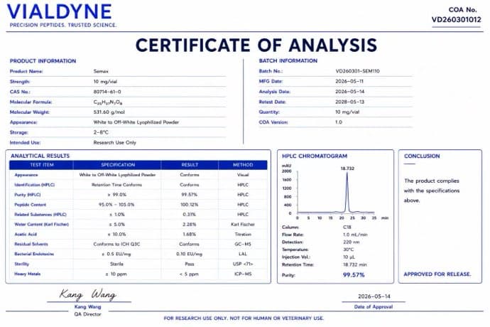 Vialdyne Semax batch VD260301012 Certificate of Analysis preview