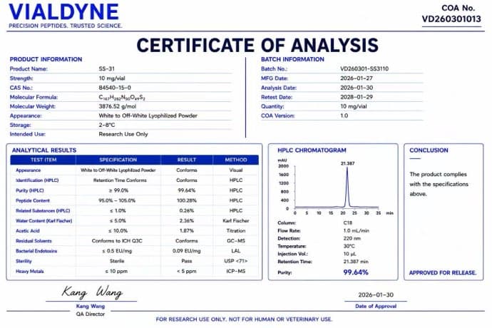 Vialdyne SS-31 (Elamipretide) batch VD260301013 Certificate of Analysis preview