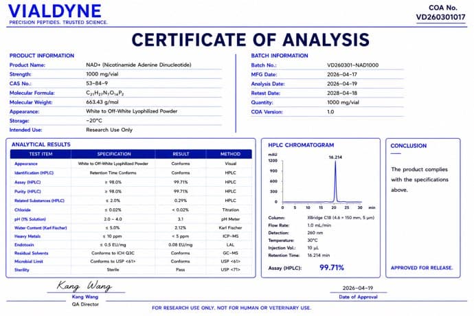 Vialdyne NAD+ (Nicotinamide Adenine Dinucleotide) batch VD260301017 Certificate of Analysis preview