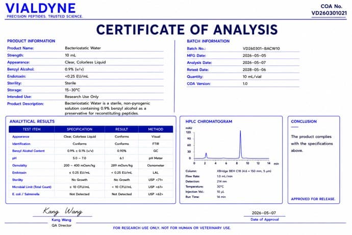 Vialdyne BAC Water (Bacteriostatic Water for Injection) batch VD260301021 Certificate of Analysis preview