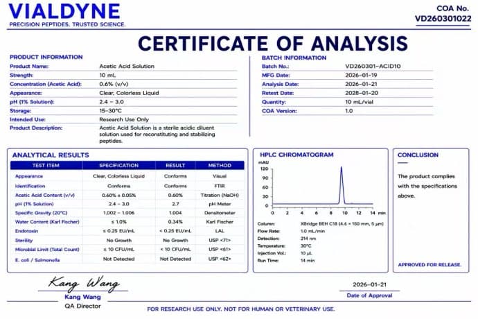 Vialdyne Acetic Acid (Glacial / Concentrated Solvent) batch VD260301022 Certificate of Analysis preview