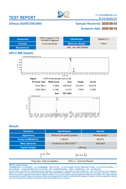 HGH Fragment 176-191 analytical report FRAG5-20260814S6492 first-page preview