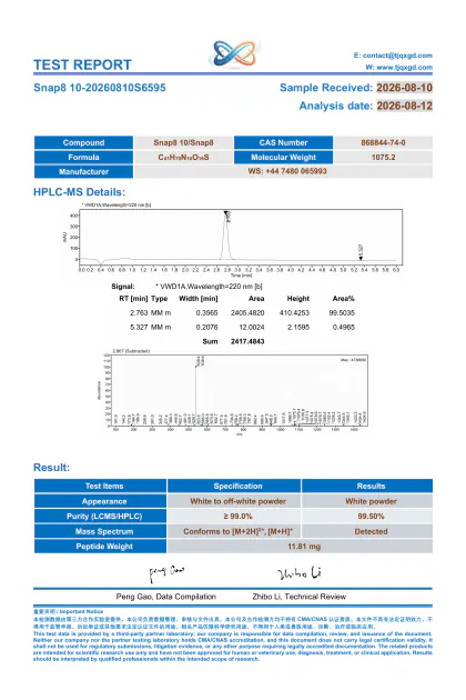 SNAP-8 independent HPLC and MS report NP810-20260810S6595 first-page preview