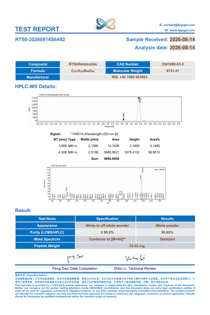 Retatrutide analytical report RT50-20260814S6492 first-page preview
