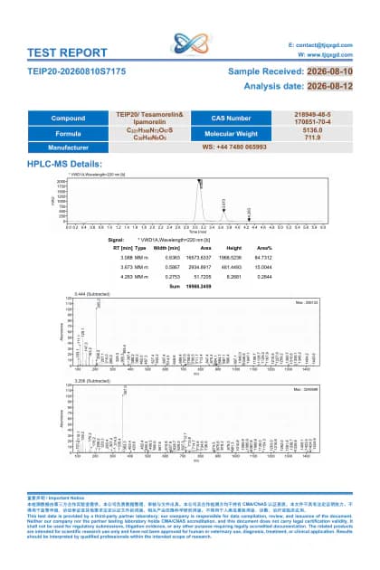 Tesamorelin + Ipamorelin analytical report TEIP20-20260810S7175 first-page preview