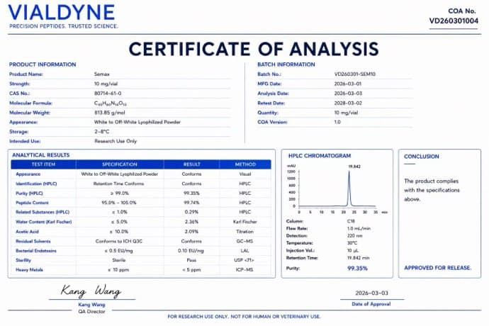 Vialdyne Semax batch VD260301004 Certificate of Analysis preview