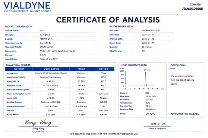 Vialdyne SS-31 (Elamipretide) batch VD260301005 Certificate of Analysis preview