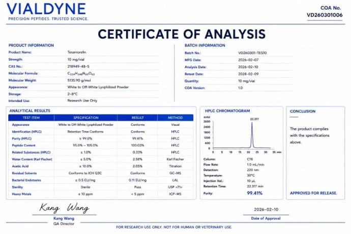 Vialdyne Tesamorelin batch VD260301006 Certificate of Analysis preview