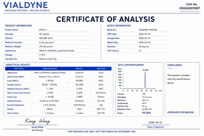 Vialdyne MOTS-c batch VD260301007 Certificate of Analysis preview