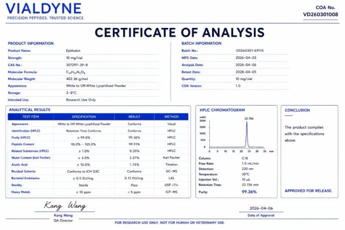 Vialdyne Epitalon (Epithalon) batch VD260301008 Certificate of Analysis preview