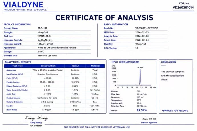 Vialdyne BPC-157 batch VD260301014 Certificate of Analysis preview