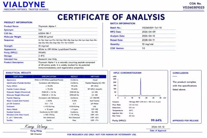 Vialdyne Thymosin Alpha-1 (Tα1) batch VD260301023 Certificate of Analysis preview