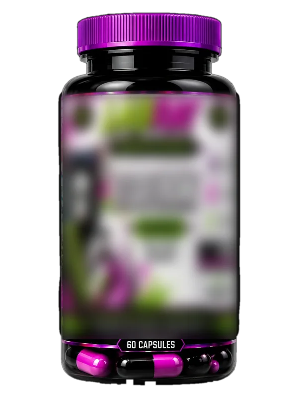 A black capsule bottle, purple cap