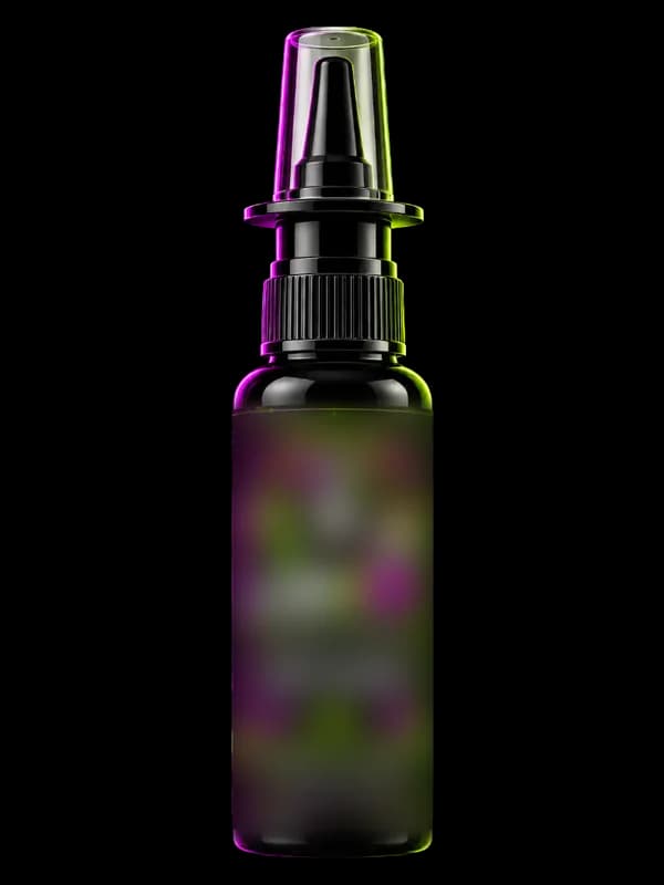 A black 10 mL nasal spray bottle, spray pump under a clear protective cap